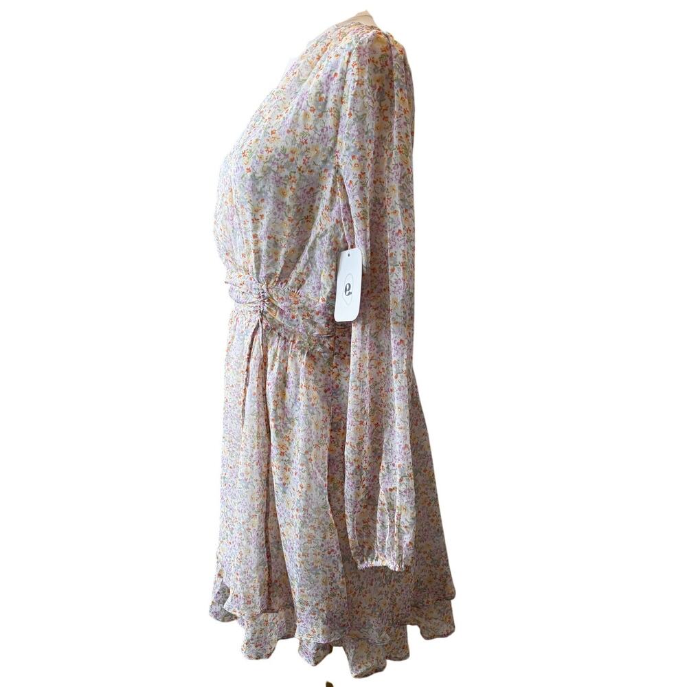 ELODIE Nordstom Women's Pink Yellow Floral Long Sleeve V-Neck Mini Dress Size M - Picture 3 of 6